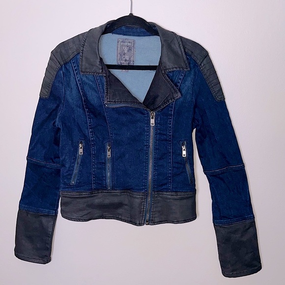 Guess Y2K Denim Leather Moto Jacket Small - Picture 2 of 16